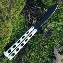 Bear And Son Bear & Son 115W Butterfly Knife, 4" 1095 Plain Blade, White Zinc Coated Handle