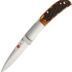 Al Mar Falcon Lockback Honey Jigged Bone 7004 , 3.15" AUS-8, Plain Blade, Honey Jig Bone Handle, Leather Slip Pouch Sheath