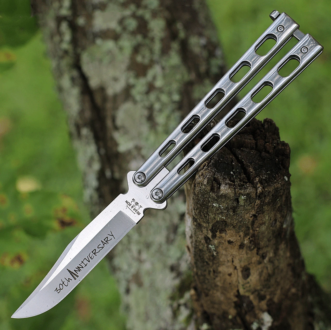 Bear And Son Bear & Son Cutlery 30th Anniversary Butterfly Knife SS14D2, 3.62" D2 Clip Point Blade, Stainless Steel Handle 1 Bear And Son Bear & Son Cutlery 30th Anniversary Butterfly Knife SS14D2, 3.62" D2 Clip Point Blade, Stainless Steel Handle