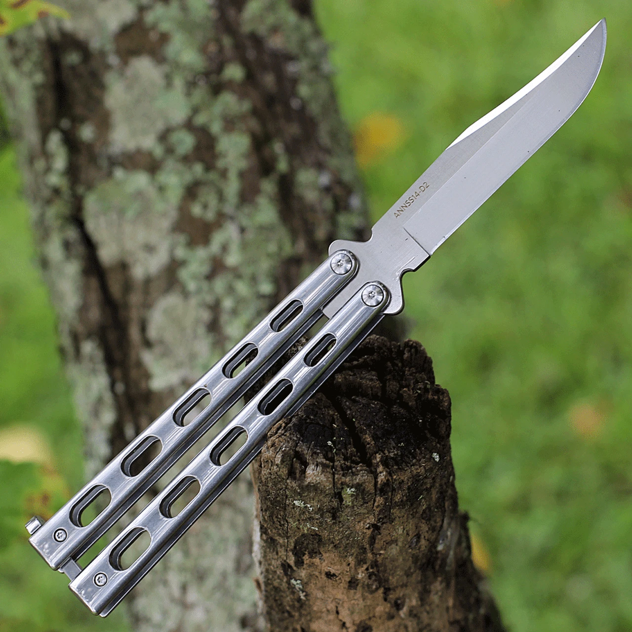Bear And Son Bear & Son Cutlery 30th Anniversary Butterfly Knife SS14D2, 3.62" D2 Clip Point Blade, Stainless Steel Handle 2 Bear And Son Bear & Son Cutlery 30th Anniversary Butterfly Knife SS14D2, 3.62" D2 Clip Point Blade, Stainless Steel Handle - Image 2