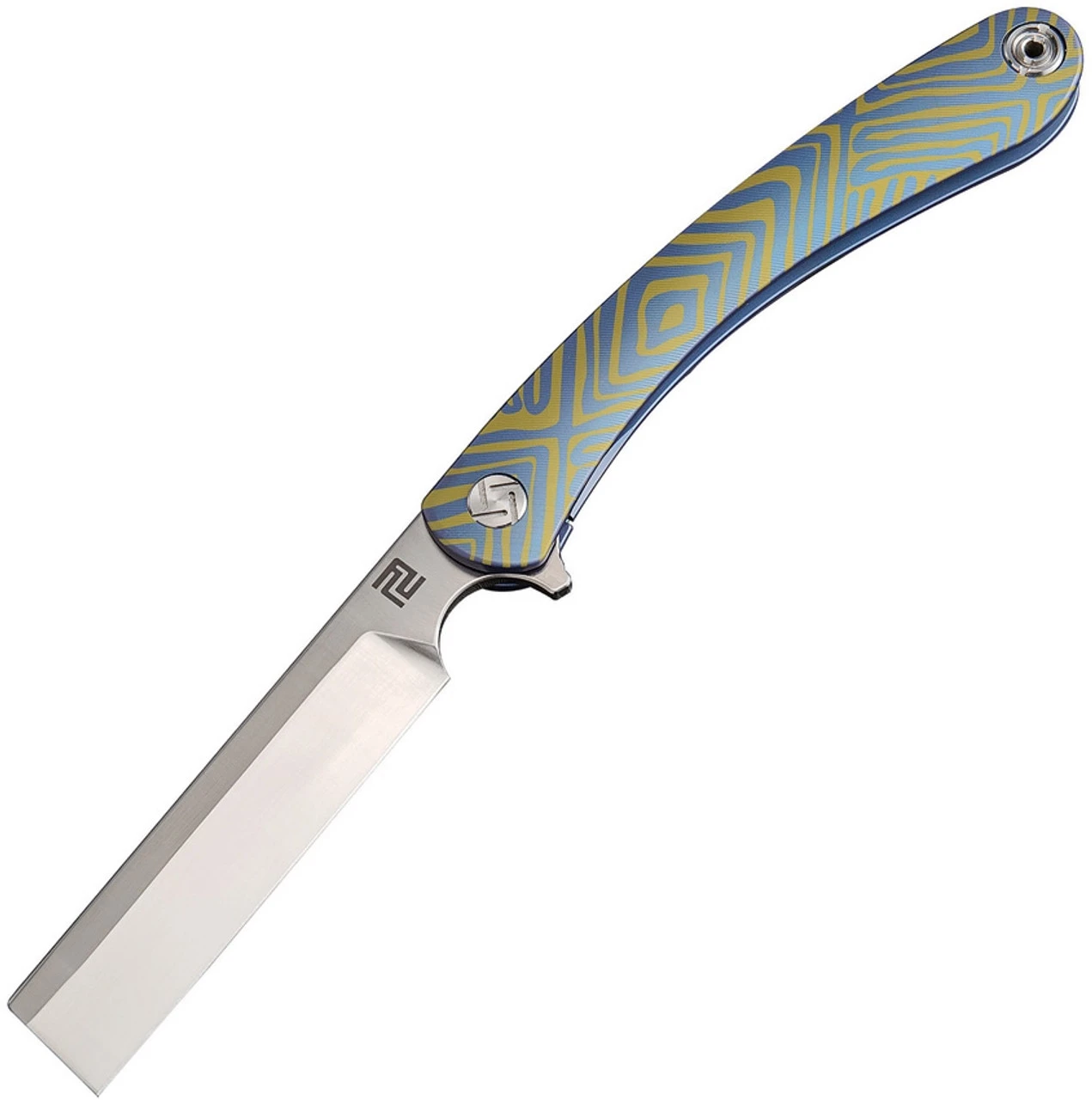 Artisan Cutlery Artisan Orthodox ATZ1817GSBU03, 2.75" Satin S35VN Blade, Blue & Gold Titanium Swirl Pattern Handle 1 Artisan Cutlery Artisan Orthodox ATZ1817GSBU03, 2.75" Satin S35VN Blade, Blue & Gold Titanium Swirl Pattern Handle