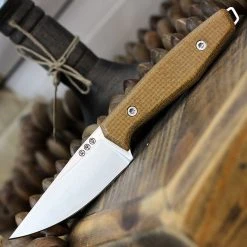 Boker AK1 Fixed Blade 120502, 3" RWL-34 Satin Plain Blade, Mustard Burlap Micarta Handle, Black Leather Sheath