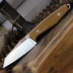 Boker AK1 Fixed Blade 123502, 3" RWL-34 Satin Reverse Tanto Blade, Mustard Burlap Micarta Handle, Black Leather Sheath