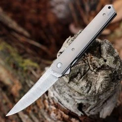 Boker Plus Kwaiken Damascus Flipper 01BO297, 3.5" Damasteel Gray Plain Blade, Gray Titanium Handle