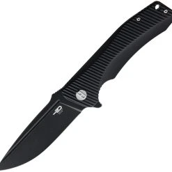 Bestech Mako BG27B Flipper Knife, 3.74" D2 Black Stonewashed Drop Point Blade, Milled Black G-10 Handle