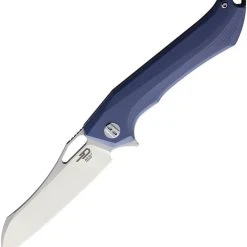Bestech Platypus BG28A Flipper Knife, 3.43" D2 Two-Tone Sheepsfoot Blade, Milled Gray (Blue) G-10 Handle