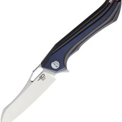 Bestech Platypus BG28D Flipper Knife, 3.43" D2 Two-Tone Sheepsfoot Blade, Milled Blue, Brown & Black G-10 Handle