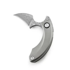 Bestech Knives Strelit BT2103G, 2.19" Damascus Reverse Hawkbill Plain Blade, Grey Stonewashed Titanuim Handles