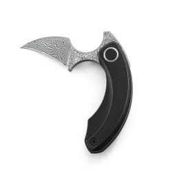 Bestech Knives Strelit BT2103H, 2.19" Damascus Reverse Hawkbill Plain Blade, Black Stonewashed Titanuim Handles