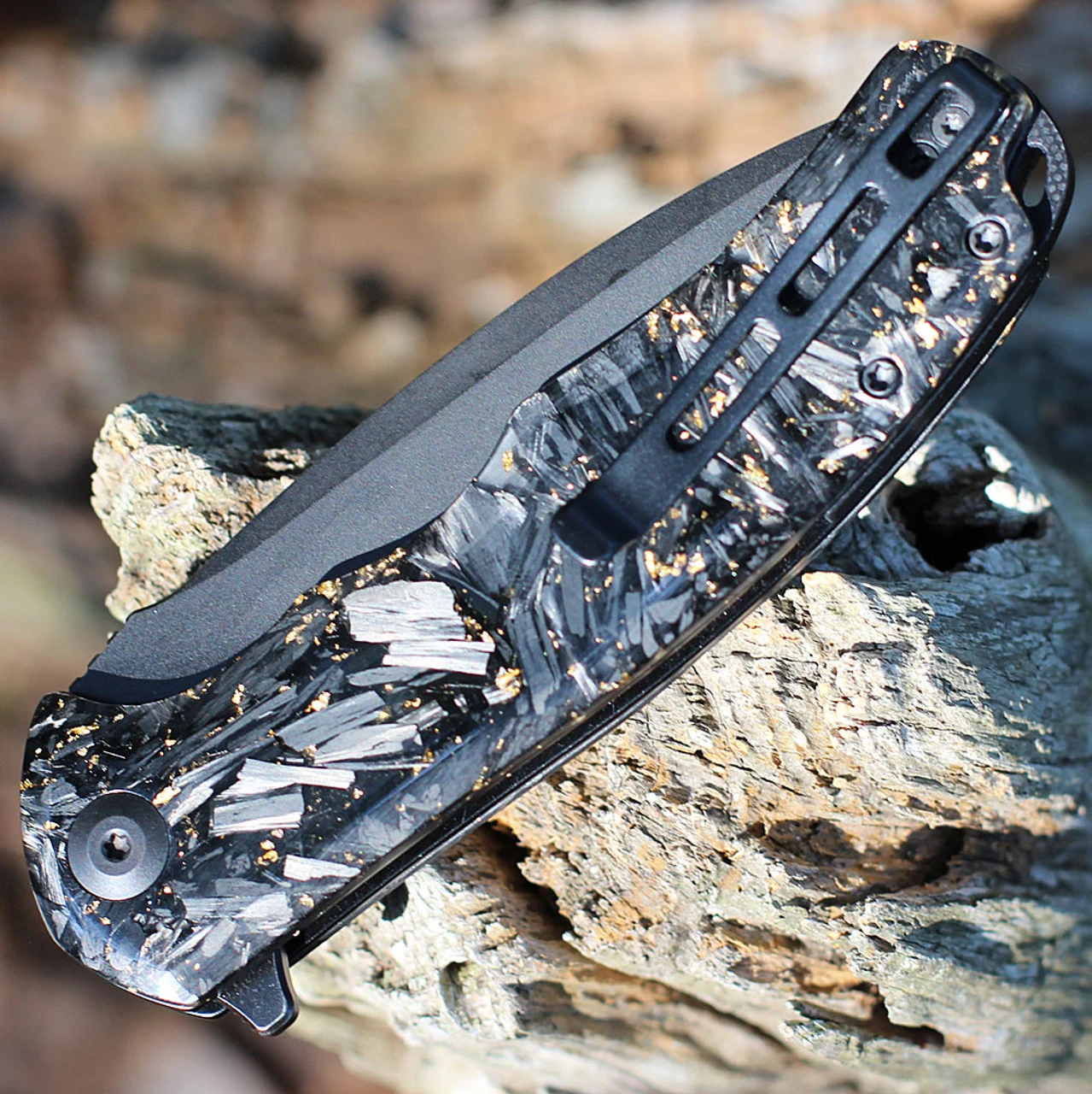 CIVIVI Knives CIVIVI Praxis Flipper - Golden Shred CF (3.75" 9Cr18MoV Blk SW) C803J 4 CIVIVI Knives CIVIVI Praxis Flipper - Golden Shred CF (3.75" 9Cr18MoV Blk SW) C803J - Image 4