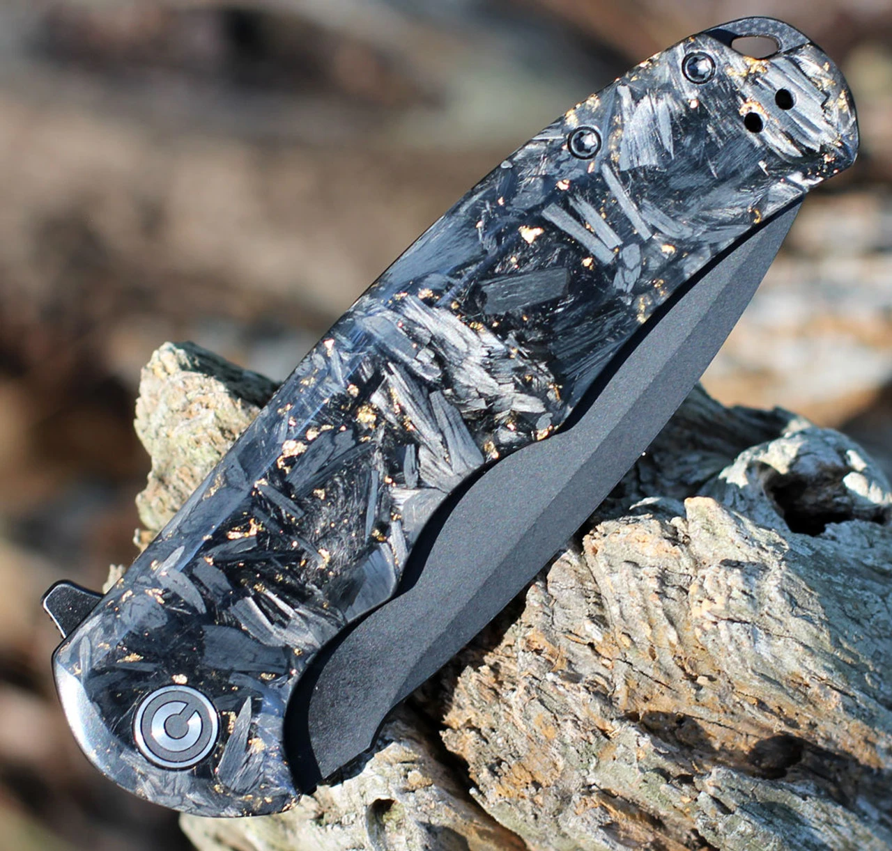 CIVIVI Knives CIVIVI Praxis Flipper - Golden Shred CF (3.75" 9Cr18MoV Blk SW) C803J 3 CIVIVI Knives CIVIVI Praxis Flipper - Golden Shred CF (3.75" 9Cr18MoV Blk SW) C803J - Image 3