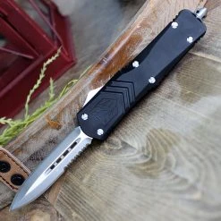 CobraTec Black FS-X OTF Knife CTKLBLKFS-XLDAG1SS, 3.75" D2 Steel Dagger Serrated Blade, Black Aluminum Handle