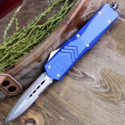 CobraTec Blue FS-X OTF Knife CTKLBLUFS-XLDAG1SS, 3.75" D2 Steel Dagger Serrated Blade, Blue Aluminum Handle