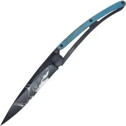Deejo Knives Deejo 37g Shark DEE1GB158, 3.75" Z40C13 Black Titanium Plain Blade, Blue Beech Wood Handle