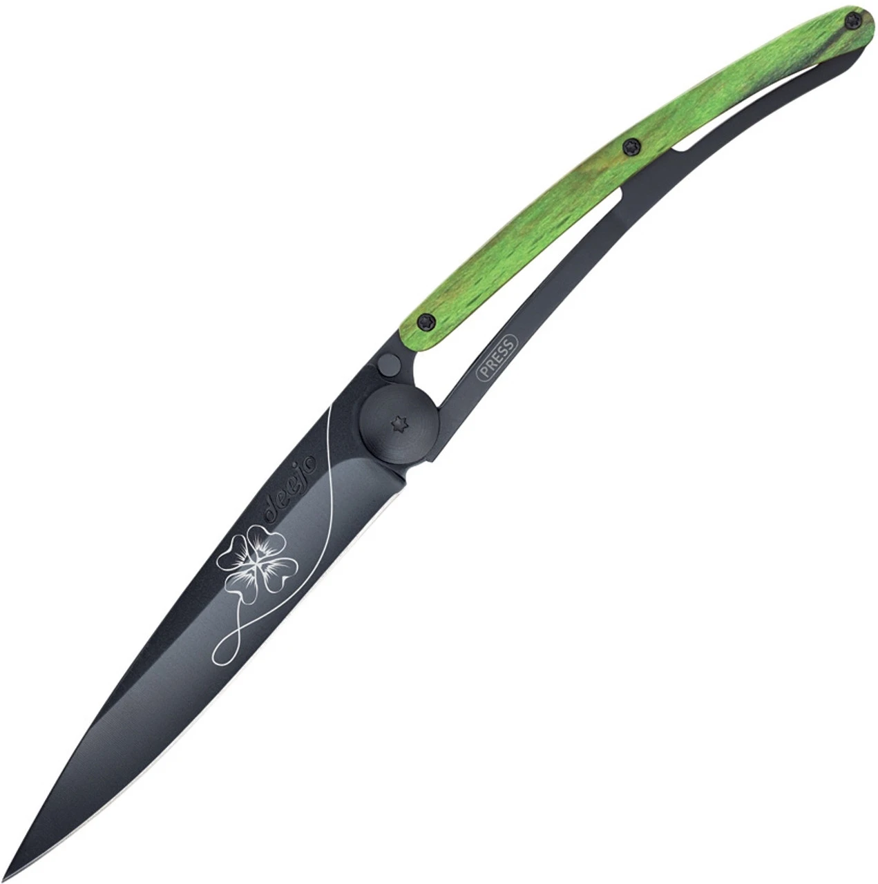 Deejo 37g Lucky Charm DEE1GB160, 3.75" Z40C13 Black Titanium Plain Blade, Green Beech Wood Handle Deejo Knives Deejo 37g Lucky Charm DEE1GB160, 3.75" Z40C13 Black Titanium Plain Blade, Green Beech Wood Handle -Boker Shop DEE1GB160 43671.1616440464