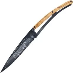 Deejo Knives Deejo 390g Tattoo Prime Cuts DEE3GB152, 7.5" Z40C13 Black Titanium Plain Blade, Olive Wood Handle