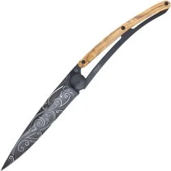 Deejo Knives Deejo DEE1GB141 Tattoo Black Pacific 37g, 3.75" Black Titanium Coated Z40C13 SS Blade, Olivewood Handle