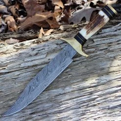 Damascus Blade Knife Damascus 1033 Iron Maiden Bowie, 9" Damascus Plain Blade, Round Stag Handle