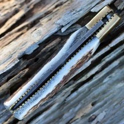 Damascus Blade Knife Damascus 1087 Folder, 3" Damascus Plain Blade, Stag Handle -Boker Shop dm1087.3 32102.1566585954