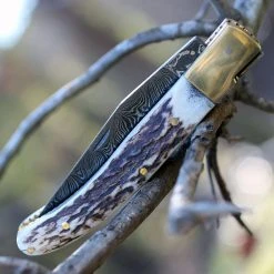 Damascus Blade Knife Damascus 1087 Folder, 3" Damascus Plain Blade, Stag Handle -Boker Shop dm1087.6 48218.1566585956