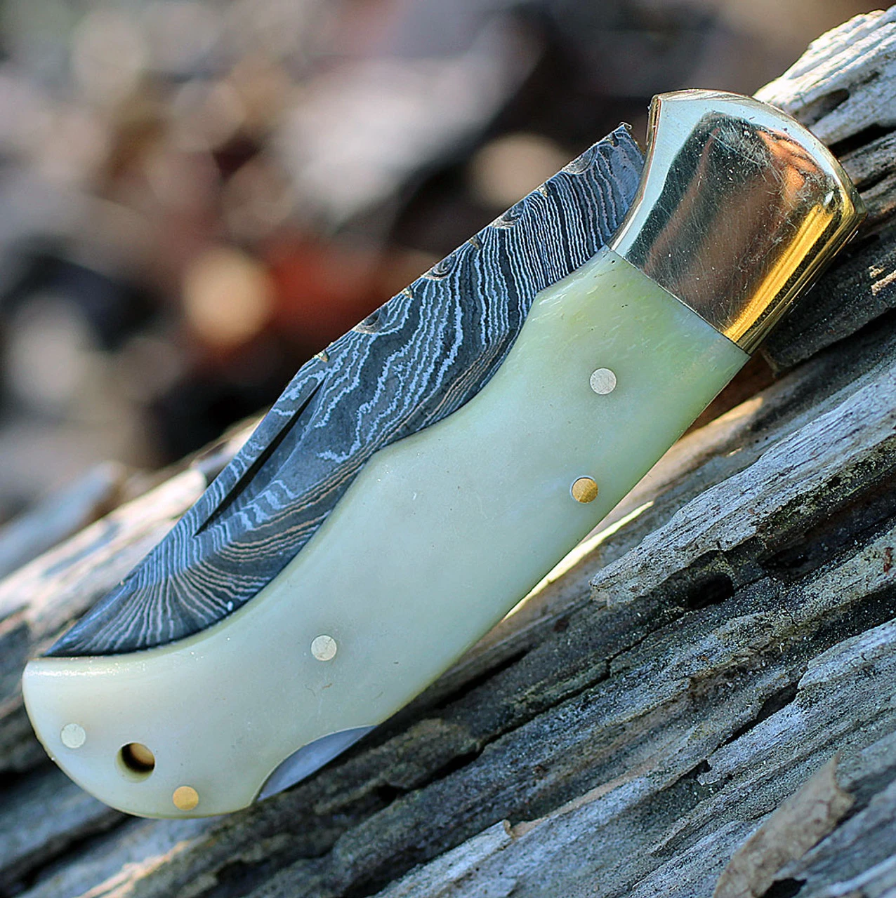 Damascus Blade Knife Damascus 1110 Lockback, 3" Damascus Plain Blade, Camel Bone Handle 2 Damascus Blade Knife Damascus 1110 Lockback, 3" Damascus Plain Blade, Camel Bone Handle - Image 2