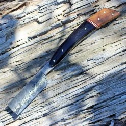 Damascus Blade Knife Damascus 1116WN Razor, 4" Damascus Razor Blade, Black Walnut & Horn Handle